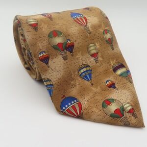 Americana Tie Silk Brown Hot Air Balloons 3.75" Wide 58" Long Korea